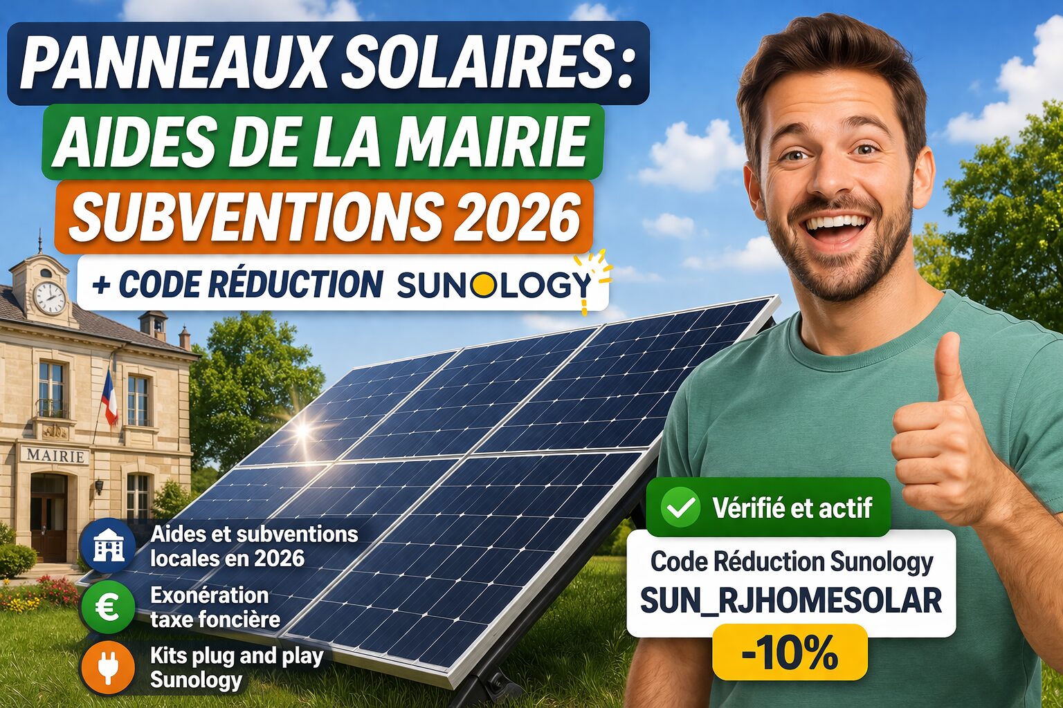 Aides mairie panneaux solaires 2026 + code réduction Sunology